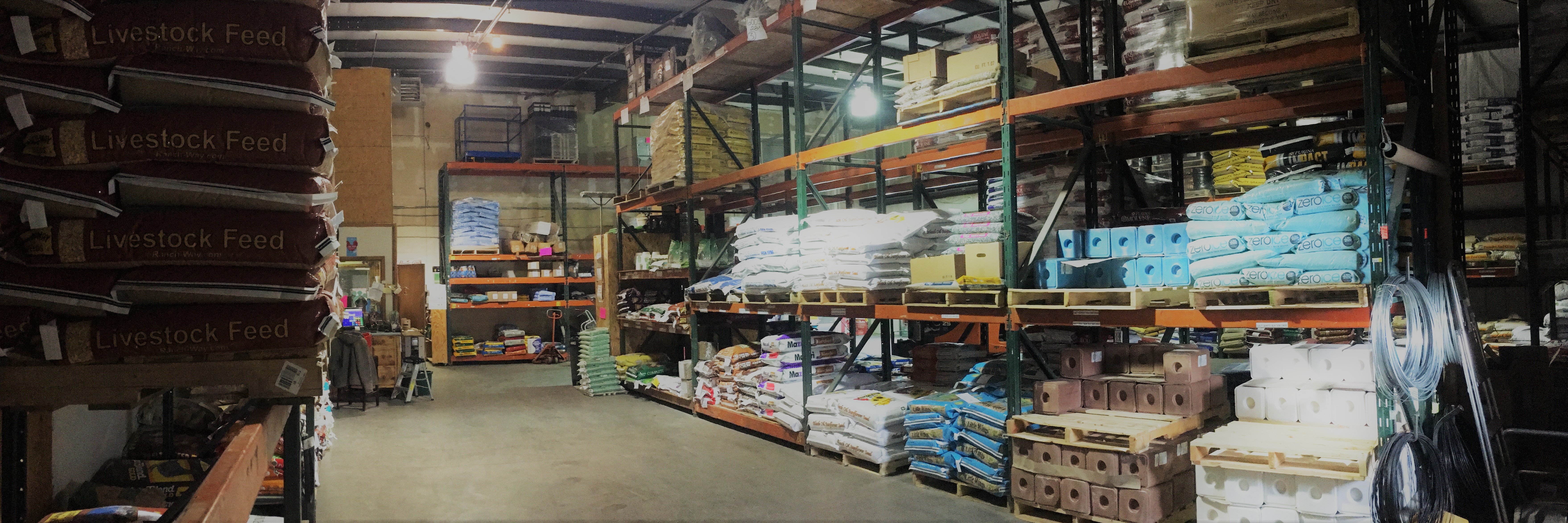 Wide shot of the interior of the warehouse feed section