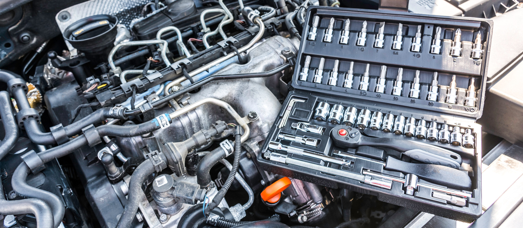 Car Engine Bay with Tool Box.